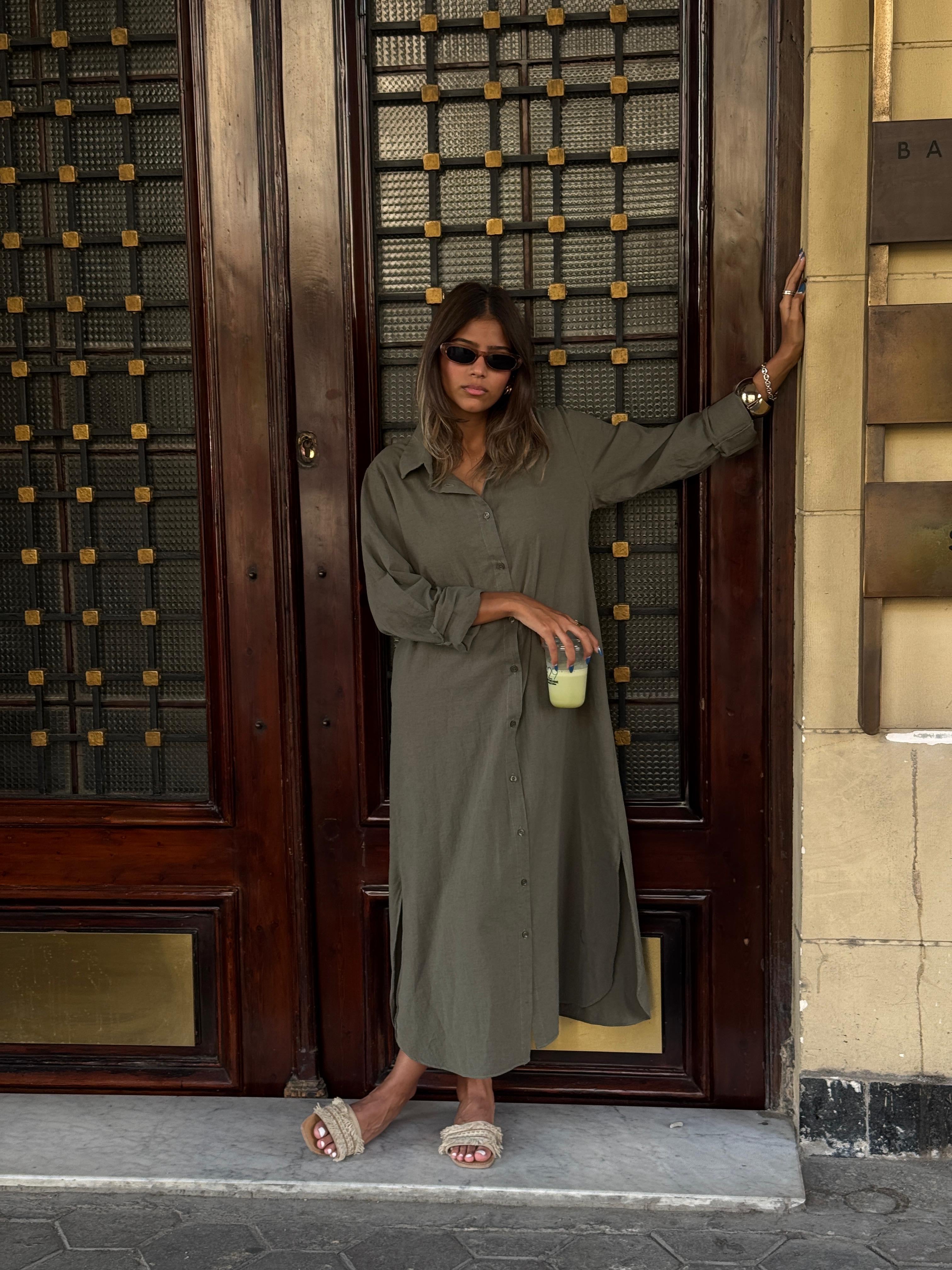 Olive | Long Sleeves Linen Dress