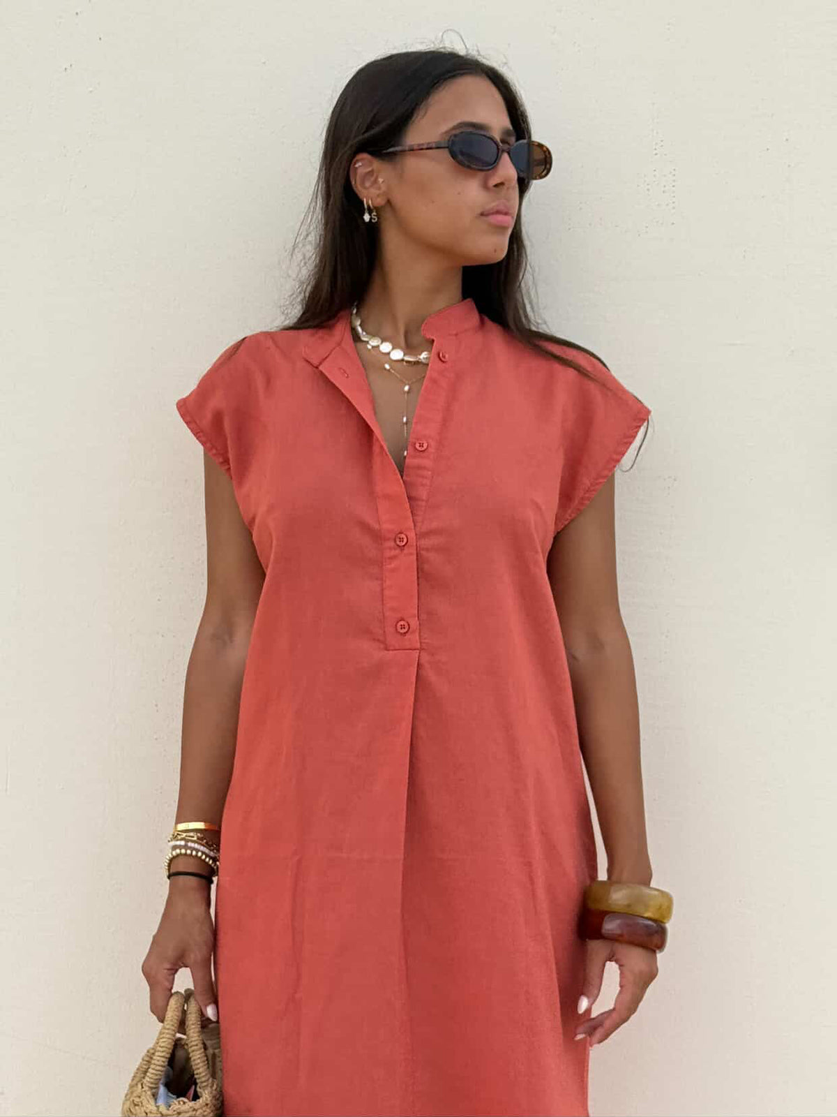 burnt orange linen dress Tiered Skirt The Hundred Dresses Project 100% Linen Size:6 BLK