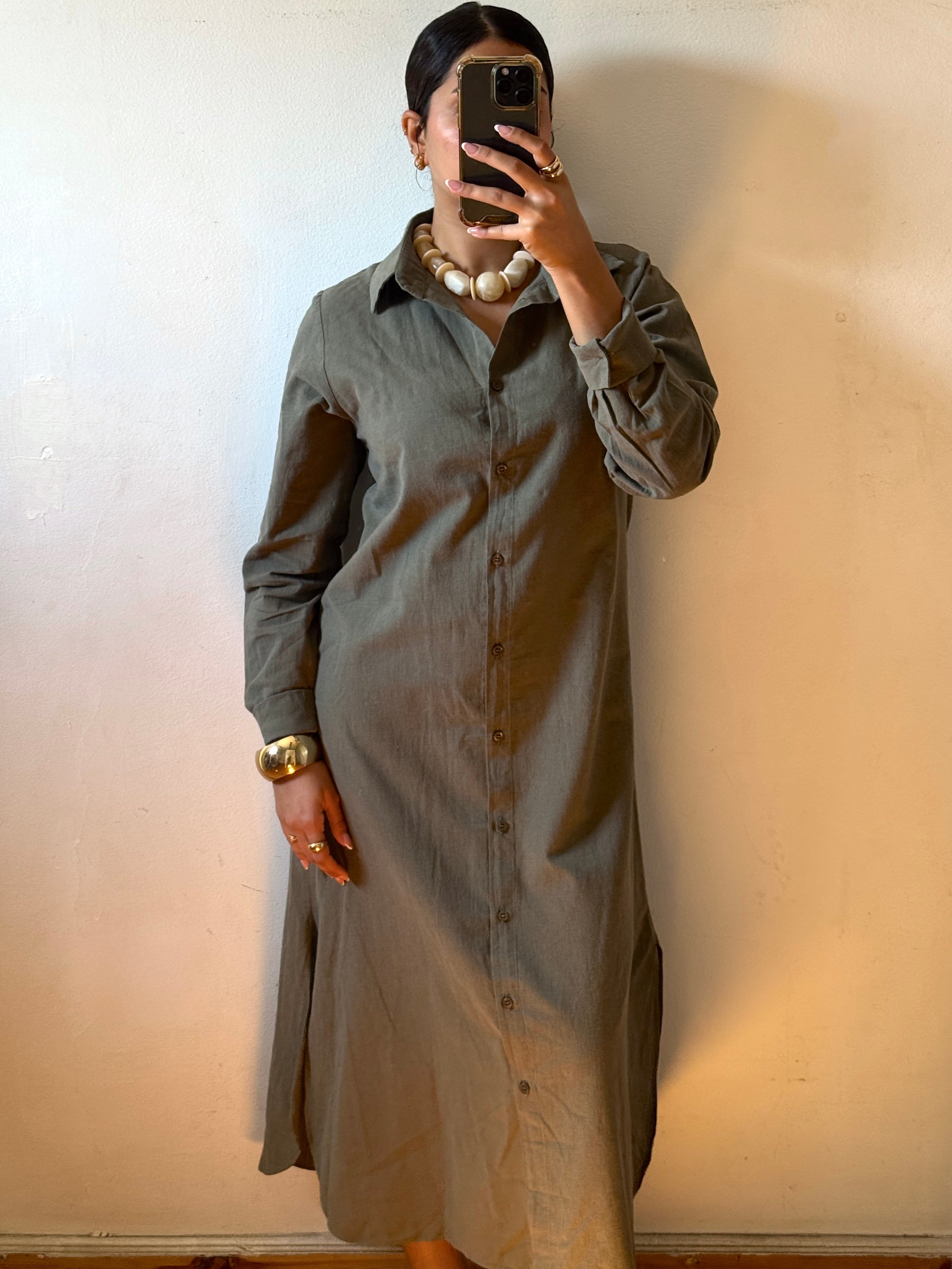 Olive | Long Sleeves Linen Dress