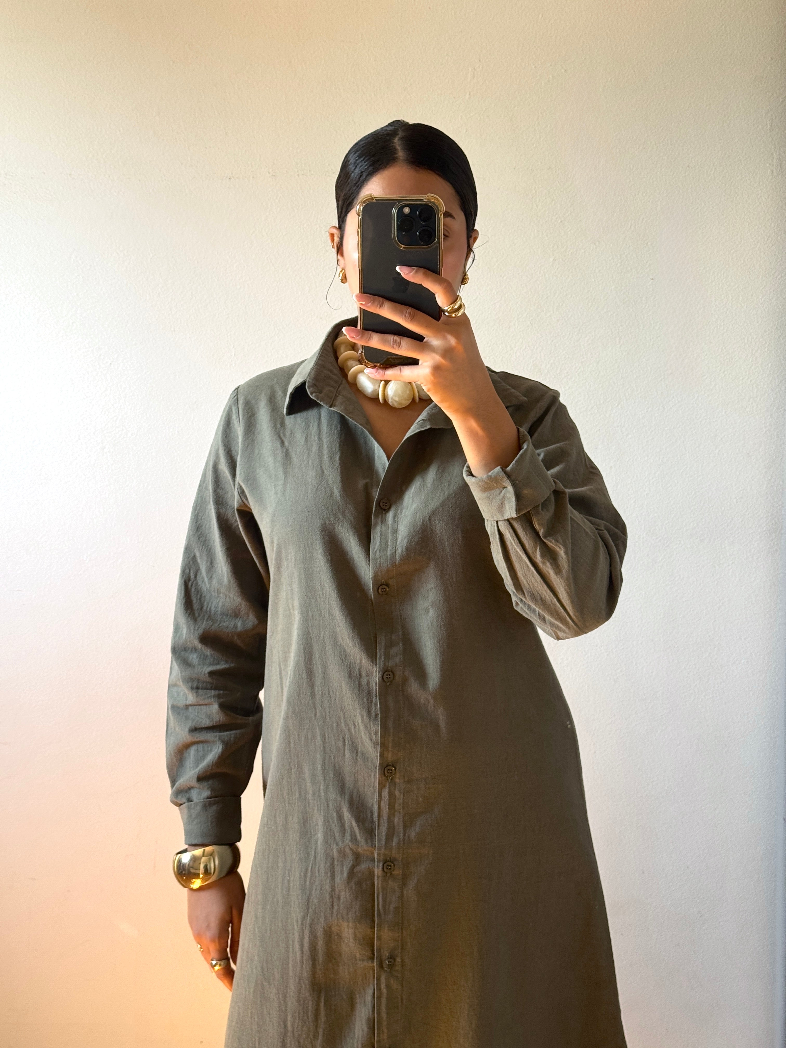 Olive | Long Sleeves Linen Dress