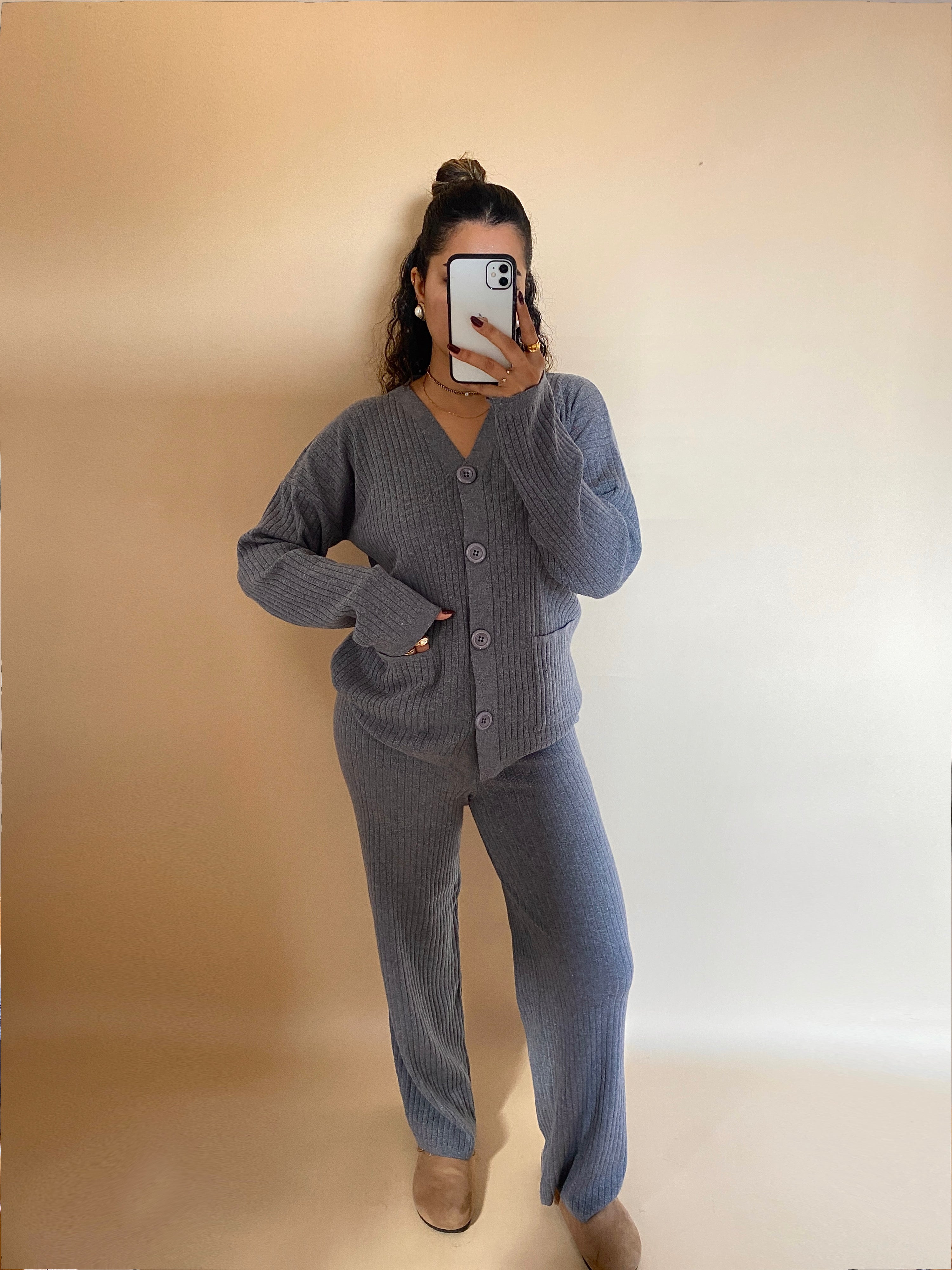 Dark Grey | Cardigan & Pants knit Set aclent Mix volume knit cardigan pants