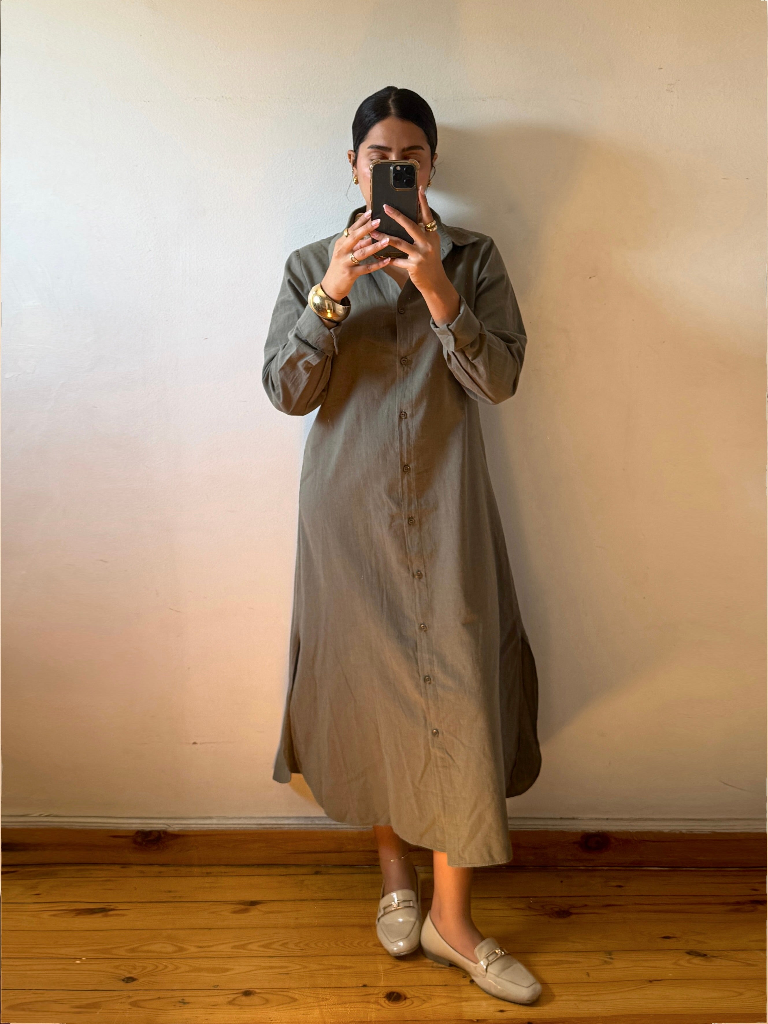 Olive | Long Sleeves Linen Dress