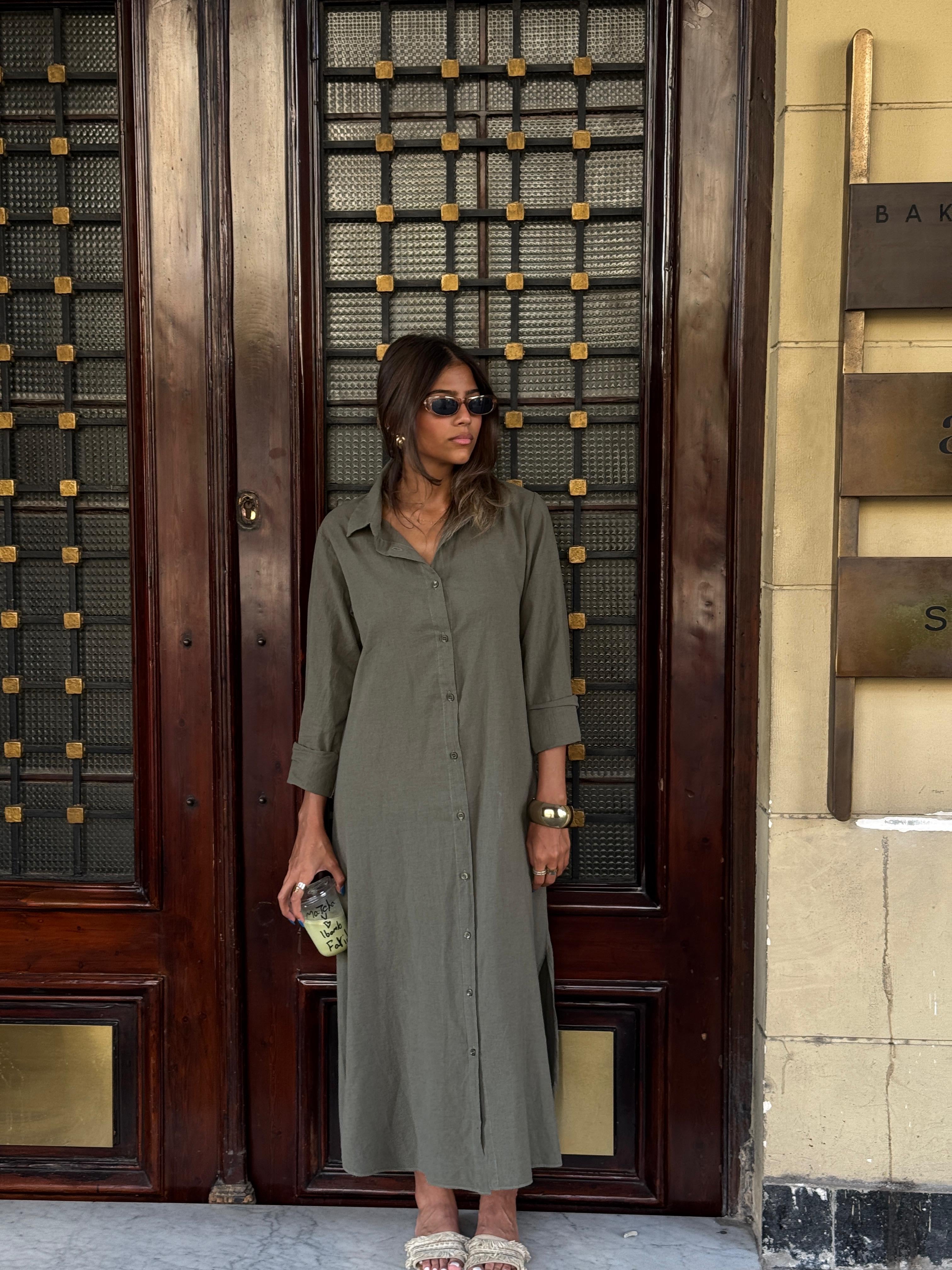 Olive | Long Sleeves Linen Dress