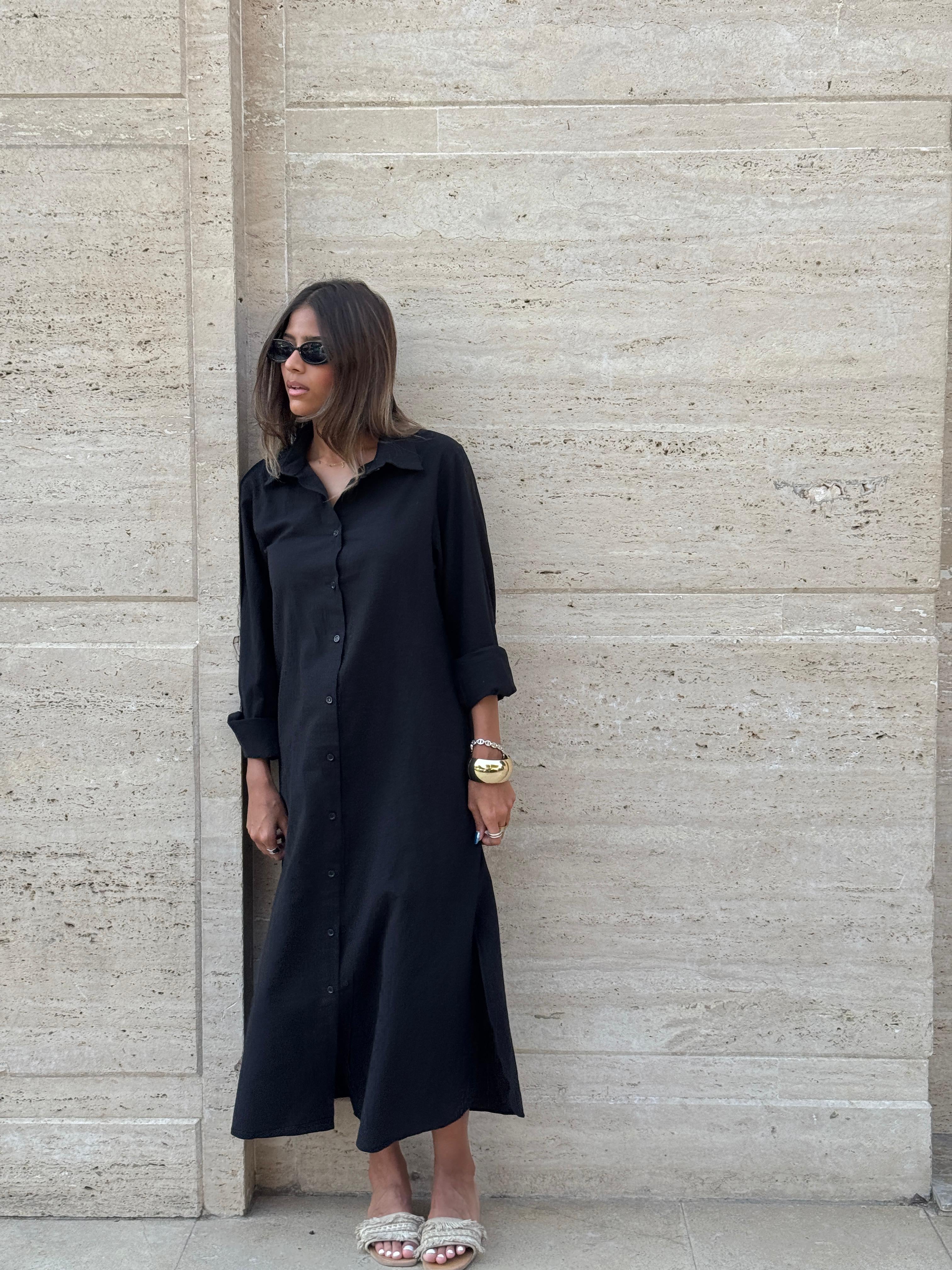 Black | Long Sleeves Linen Dress