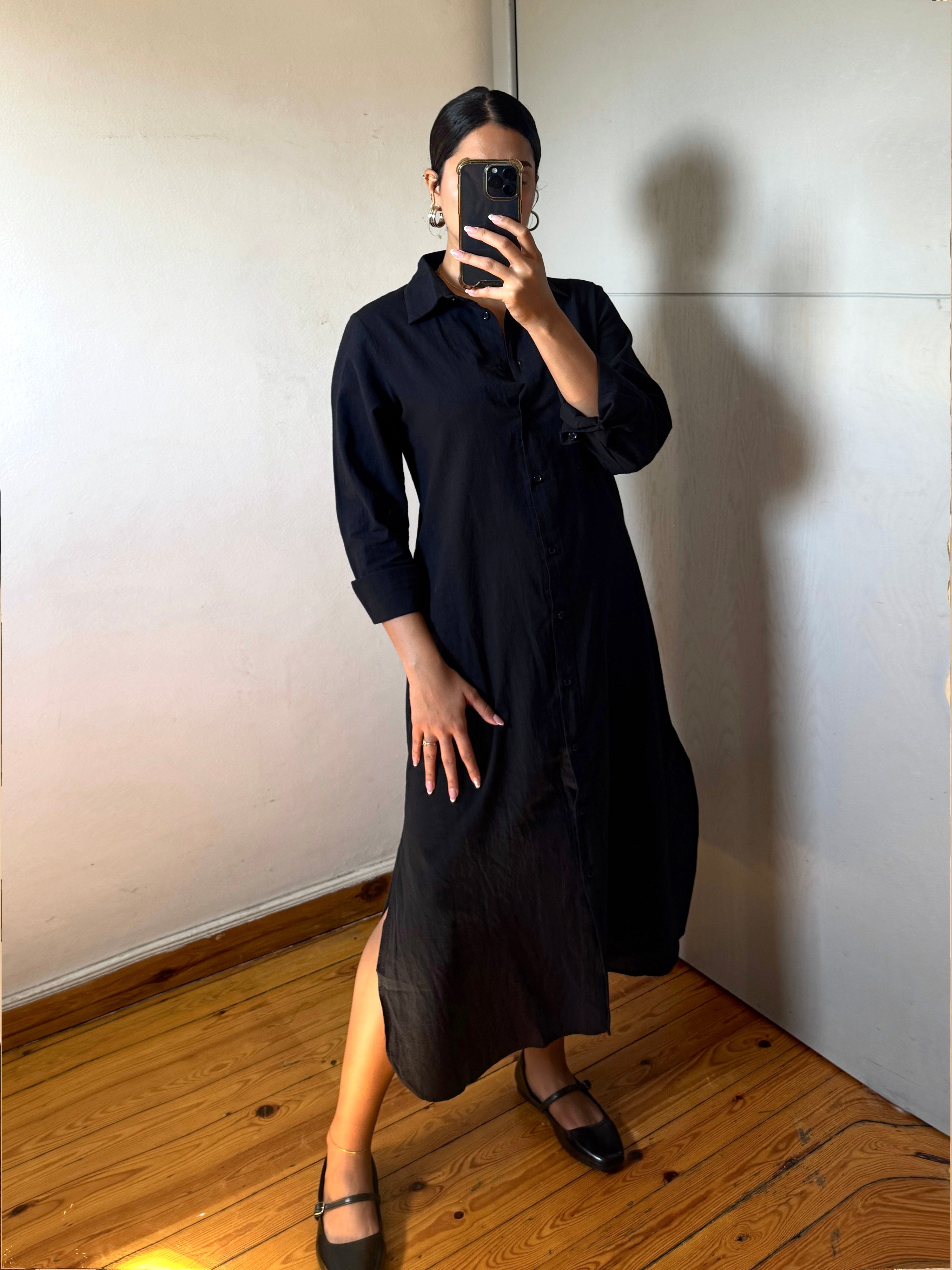 Black | Long Sleeves Linen Dress