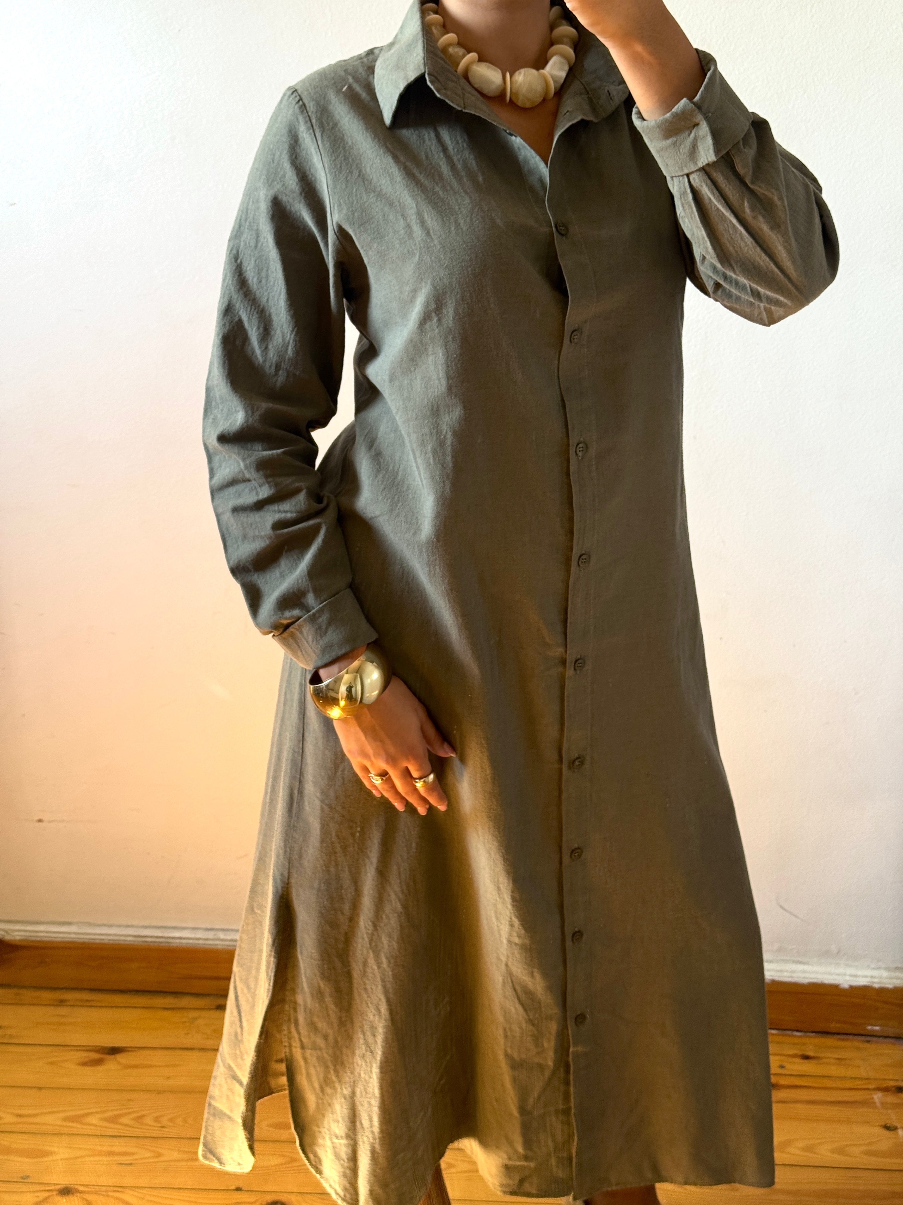 Olive | Long Sleeves Linen Dress